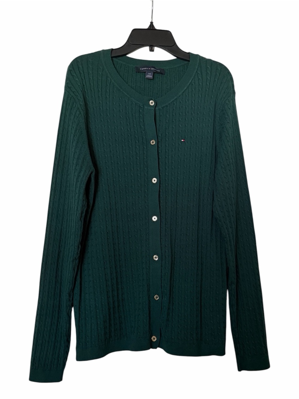 Tommy Hilfiger Cable Knit Cardigan Sweater Large Green Button Front Classic Logo